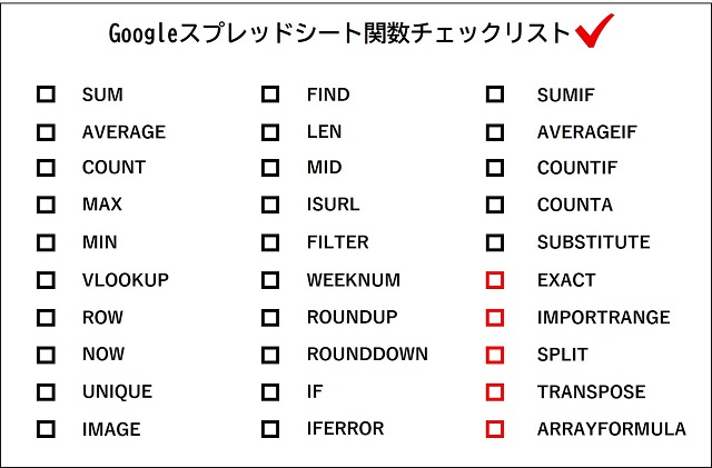 スプレッドシート　関数　チェックリスト