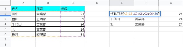 スプレッドシートFILTER例